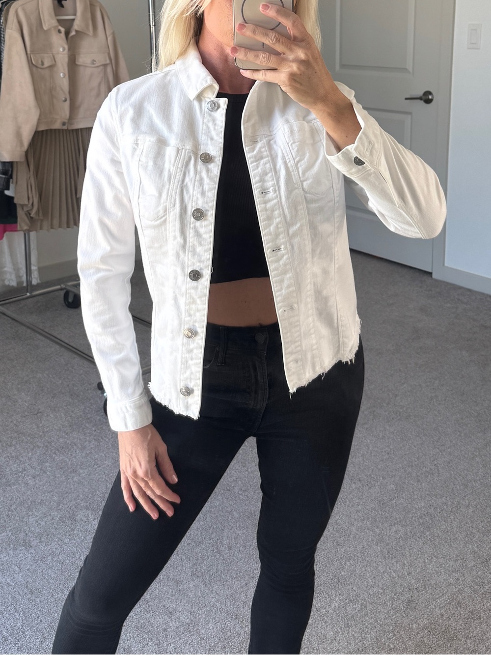Chico's White Denim Jean Jacket with Raw Hem Size 0P